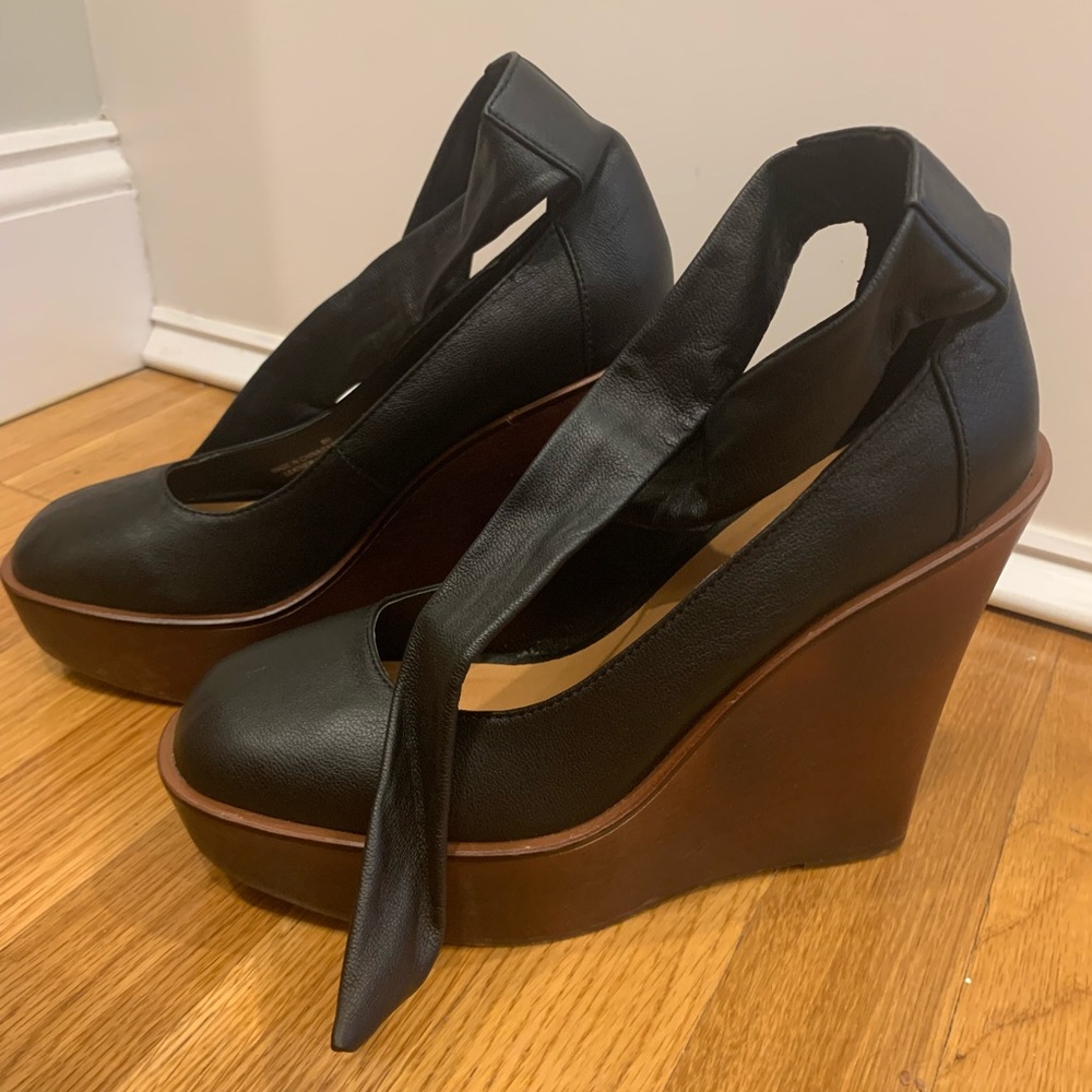 UO Tie Black Leather Wood Block Wedges